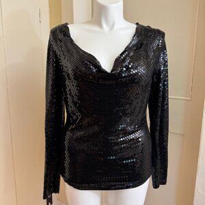 Michael Kors Sequin Long-Sleeve Cowl Top | Black | Large